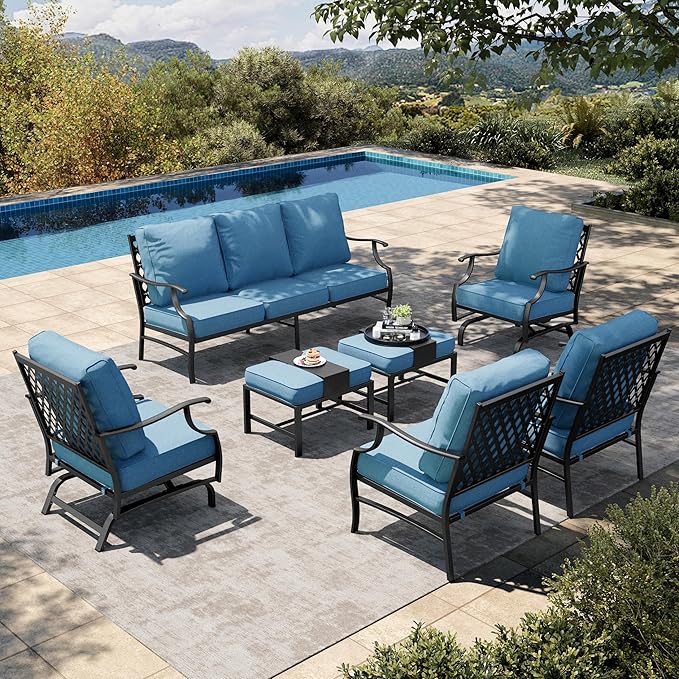 HERA'S HOUSE 7 Piece Patio Furniture Set, 2 x Rocking Chair, 2 x Fixed Chair, 2 x Ottoman, 1 x 3-Seat Sofa, All Cushioned 9 Seats Metal Outdoor Conversation Set for Lawn Garden Backyard
