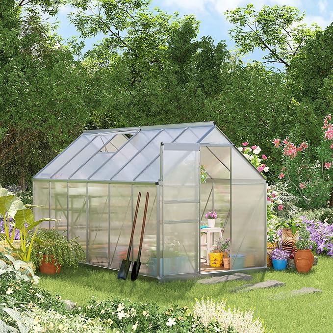 Outsunny 6' x 12' x 6.5' Polycarbonate Greenhouse with Adjustable Roof Vent, Walk-in Heavy Duty Green House Kit with Aluminum Frame, Sliding Door and Rain Gutter for Winter, Silver
