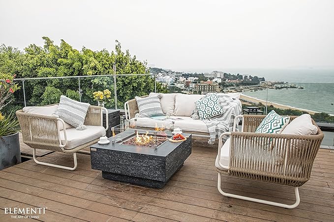 Elementi | Bundle Manhattan Gas Fire Pit Cast Concrete 36" Square Fire Table, Outdoor Fire Pit Electronic Ignition | Canvas Cover, Lava Rock Included | Dark Gray (Propane Gas)