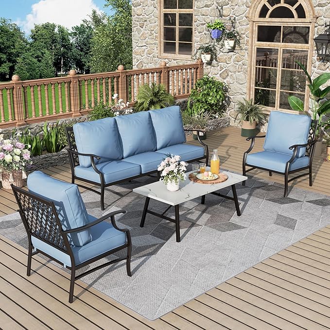 Patio Furniture Set 4 pcs, Metal Outdoor Patio Furniture, 3-Seat Sofa, 2 Single Chairs, Metal Coffee Table and 5.75" Extra Thick Cushion, Patio Conversation Set for Garden Backyard Deck,Blue