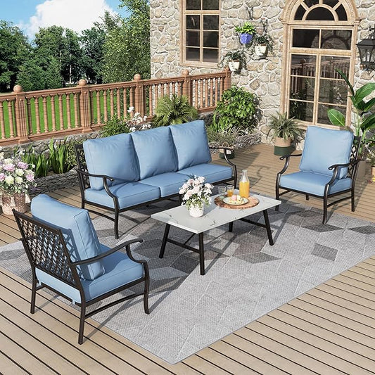 Patio Furniture Set 4 pcs, Metal Outdoor Patio Furniture, 3-Seat Sofa, 2 Single Chairs, Metal Coffee Table and 5.75" Extra Thick Cushion, Patio Conversation Set for Garden Backyard Deck,Blue
