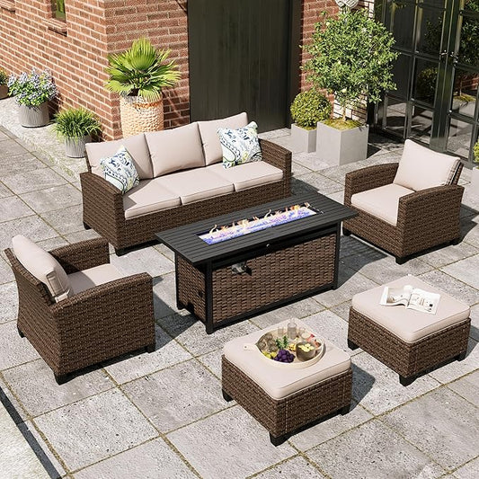 Patio Furniture Set, 6 Pcs Wicker Rattan Outdoor Conversation Set, 2 x Leg Chairs, 1 x 3 Seater Sofa and 2 x Ottoman with 4" Thick Cushion and 56" Fire Pit Table, Beige
