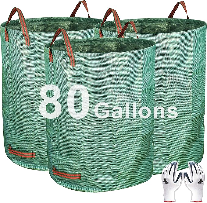 Gardzen 3-Pack 80 Gallon Yard Waste Bags, Reusable Heavy Duty Collapsible Garden Leaf Bags with Plastic Ring, Stand-Up Yard Waste Bin for Leaves, Lawn Debris & Grass Clippings