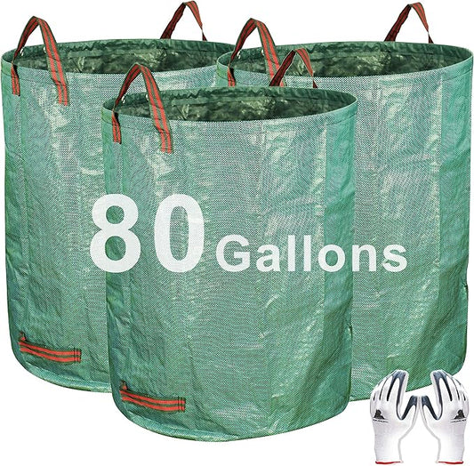 Gardzen 3-Pack 80 Gallon Yard Waste Bags, Reusable Heavy Duty Collapsible Garden Leaf Bags with Plastic Ring, Stand-Up Yard Waste Bin for Leaves, Lawn Debris & Grass Clippings