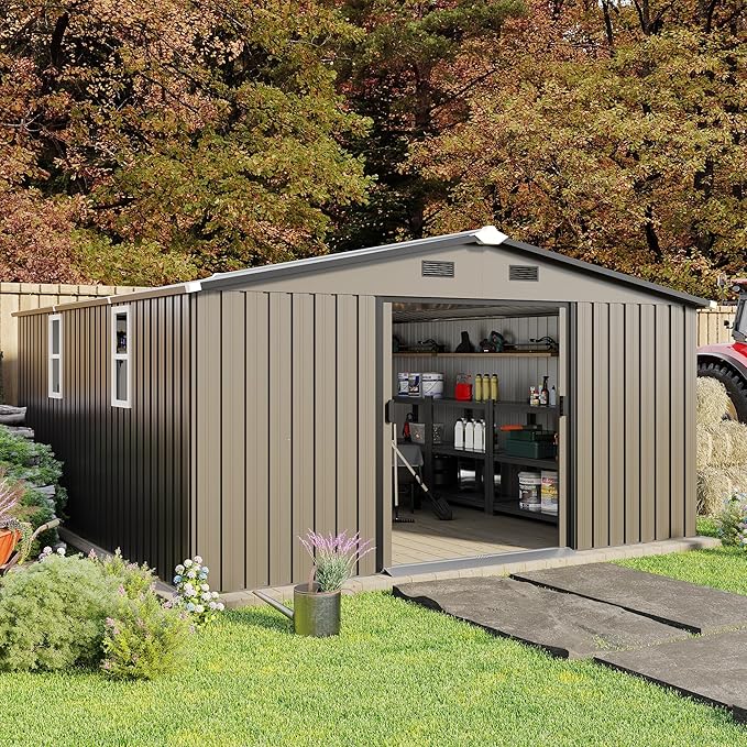 10 * 12ft Outdoor Storage Shed with 2 Windows and Vents - Metal Garden Tool Shed for Backyard, Patio, Lawn(Grey)