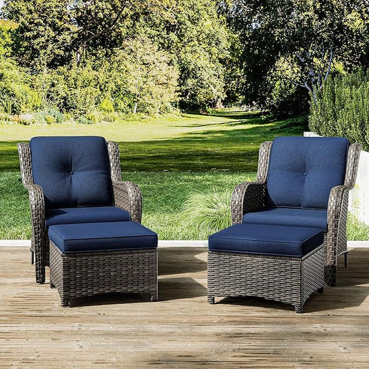 Joyside 4 Pieces Outdoor Patio Furniture Set Wicker Conversation Bistro Set 2 PE Wicker Patio with 2pcs Ottomans for Backyard, Porch, Balcony(Mixed Grey/Blue)