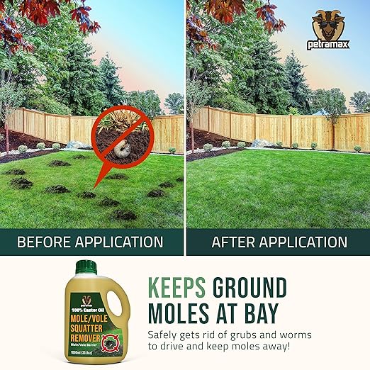 PetraMax Castor Oil Mole Repellent for Lawns - Best Anti Mole and Vole Repellent of Outdoor Space - How to Get Rid of Moles in My Yard, Garden Or Lawn, Safe and Effective Vole Deterrent (33.8 fl oz)