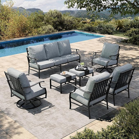 HERA'S HOUSE 7 Piece Patio Furniture Set, 2 x Swivel Chair, 2 x Fixed Chair, 2 x Ottoman, 1 x 3-Seat Sofa, All Cushioned Outdoor Conversation Set for Lawn Garden Backyard, Grey