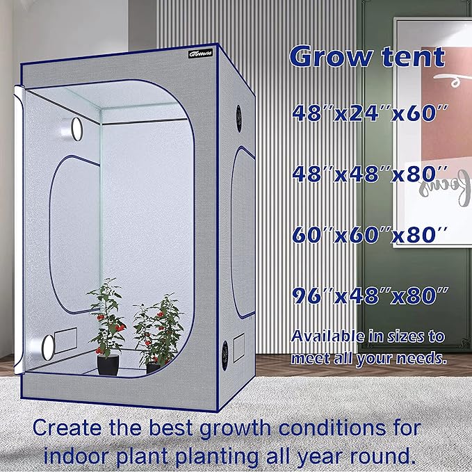 Grow Tent Kit, 48''x48''x80'' Greenhouse Tent with 19mm Poles, High Reflective 600D Mylar Hydroponic Tent with Observation Windows for Indoor Plant Growing(Gray)