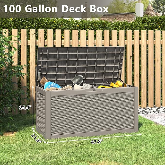 100 Gallon Resin Outdoor Storage Box,Waterproof Deck Box Lockable for Patio Furniture Cushions, Garden Tools, Heavy-Duty Double-Wall Structure with Gas Lift and Reinforced Seat Lid, Grey
