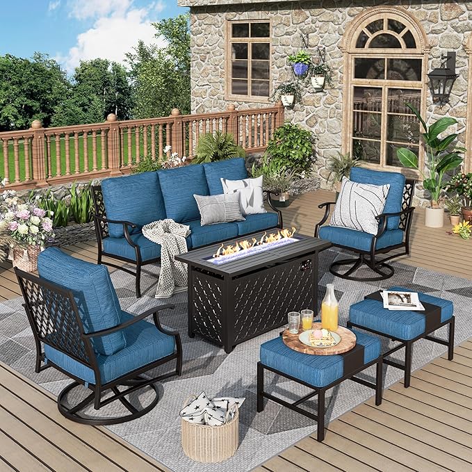 Patio Furniture Set, 6 Pcs Metal Outdoor Conversation Set, 2 Swivel Chairs, 2 Ottomans and 3 Seater Sofa with 5.75" Extra Thick Cushion and Gas Fire Pit Table, Gemstone Blue