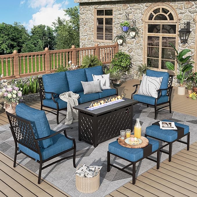 Patio Furniture Set, 6 Pcs Metal Outdoor Conversation Set, 2 Single Chairs, 2 Ottomans and 3 Seater Sofa with 5.75" Extra Thick Cushion and Gas Fire Pit Table, Gemstone Blue