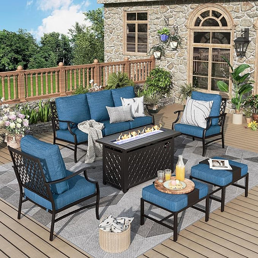 Patio Furniture Set, 6 Pcs Metal Outdoor Conversation Set, 2 Single Chairs, 2 Ottomans and 3 Seater Sofa with 5.75" Extra Thick Cushion and Gas Fire Pit Table, Gemstone Blue