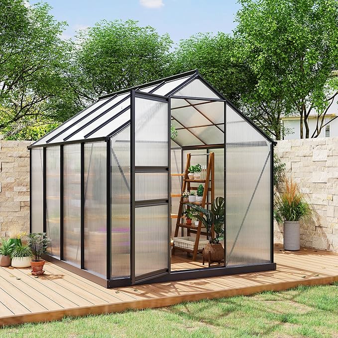 6 *10FT Greenhouses for Outdoors, Heavy Duty Polycarbonate Green House with Quick Setup Structure, Roof Vent, Push-Pull Lockable Door, Walk-in Aluminum Green House for Garden Backyard, Patio, Lawn