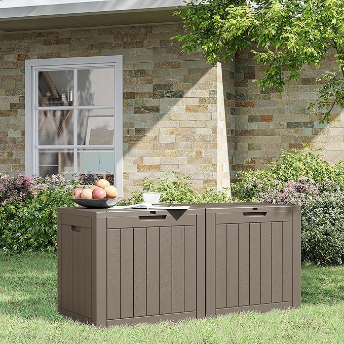 32 Gallon Deck Box Lockable Resin Indoor Outdoor Storage Box waterproof Outdoor Container for Patio Furniture, Pool Accessories, Cushions, Garden Tools, Sports Equipment