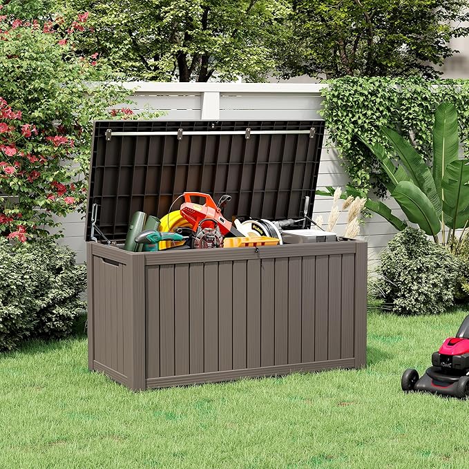 150 Gallon Resin Deck Boxes Waterproof, Outdoor Storage Box Lockable Lid for Delivery Box, Indoor, Garden Tools, Pool Supplies, Patio, Grey