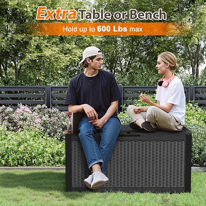 100 Gallon Resin Deck Storage Boxes Outdoor Waterproof, Lockable Outdoor Storage Container for Patio Cushions, Garden Tools, Pool Accessories, Black