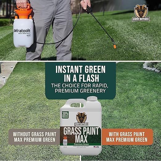 PetraMax Max Grass Paint for Lawn - Maintain Perfect Green Grass, Spray for Lawn & Shrubs Green Spray, Paint Pair with Petra Sprayers - Touch up Dog Spots - Non-Toxic Safe for Pets (Premium, 32 oz)