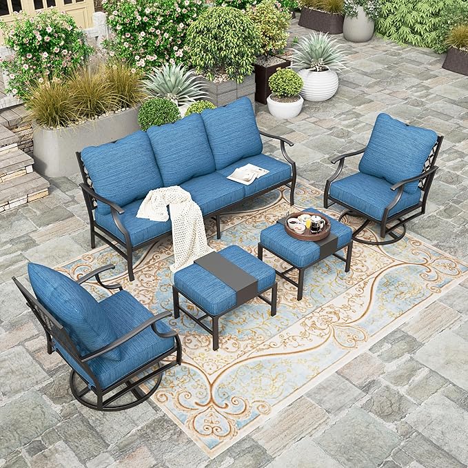 HERA'S HOUSE 5 Piece Patio Furniture Set, 2 x Swivel Chair, 2 x Ottoman, 1 x 3-Seat Sofa, All Cushioned 7 Seats Metal Outdoor Conversation Set for Lawn Garden Backyard