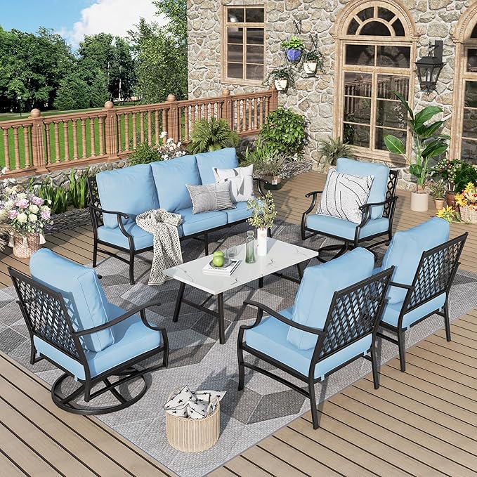 Patio Furniture Set 6 pcs, Outdoor Patio Furniture, 1 X 3-Seat Sofa, 2 X Single Chairs, 2 X Swivel Chairs, 1 X Coffee Table and 5.75" Extra Thick Cushion, Patio Conversation Set,Blue