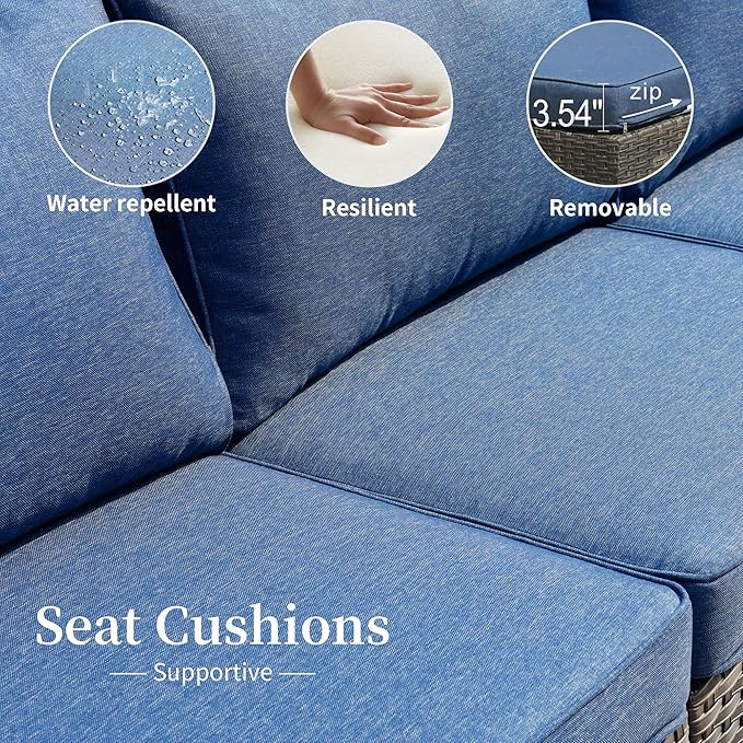 HOOOWOOO 8 Piece Patio Sectional Furniture Set with Fire Pit Table,Modern Wicker Outdoor Conversation Sofa Sets,Weather Resistant Modular L Shaped Outside Couch Set(Denime Blue)