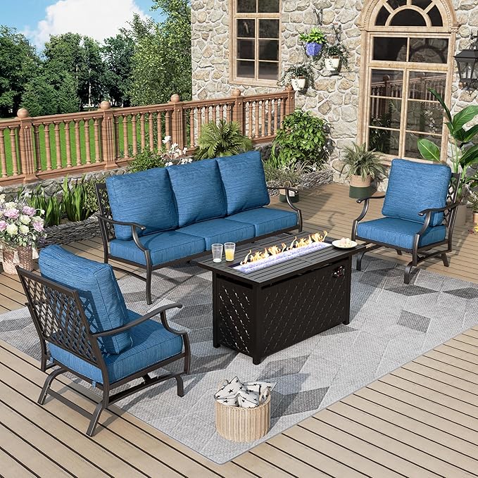 Patio Furniture Set, 4 Pcs Metal Outdoor Conversation Set, 2 Rocking Chairs and 3 Seater Sofa with 5.75" Extra Thick Cushion and Gas Fire Pit Table for Backyard Deck, Gemstone Blue