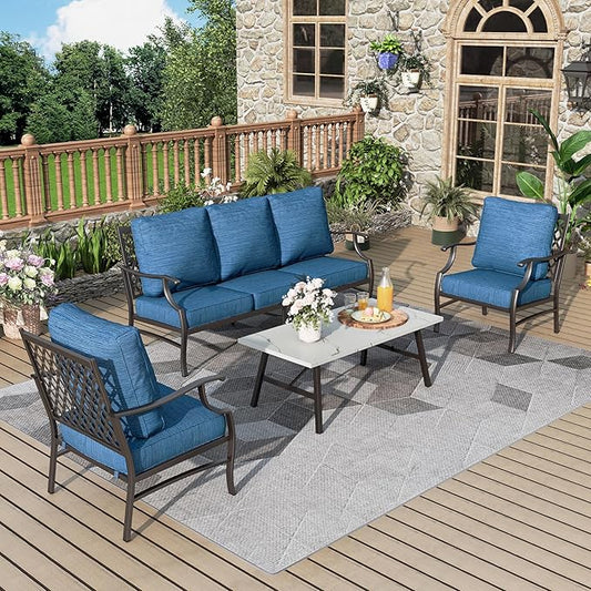 Patio Furniture Set 4 pcs, Metal Outdoor Patio Furniture, 3-Seat Sofa, 2 Single Chairs, Coffee Table and 5.75" Extra Thick Cushion, Conversation Set for Backyard Deck, Gemstone Blue