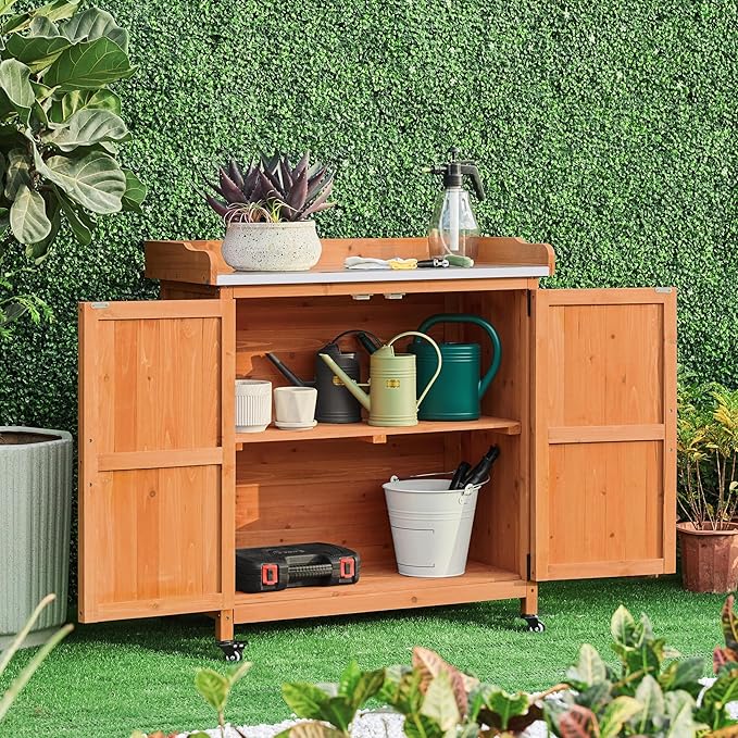 Yaheetech Garden Potting Bench Table - Outdoor Garden Patio Wooden Storage Cabinet & Solid Wood Planting Work Bench with Large Space Storage & Metal-Plated Tabletop, Brown