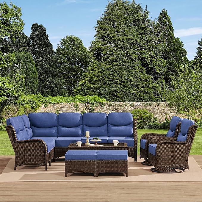 HILLGA Luxury High Back Patio Furniture Set with 6-Inch Thick Cushion, 6-Piece Outdoor Conversation Set with Corner Sofa, Swivel Rocker Chairs & Ottomans, Ideal for Porch Pool Deck Yard (Blue)