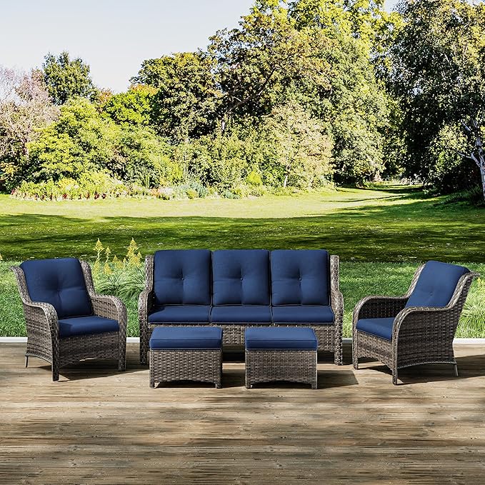 Joyside Patio Furniture Set 5-Piece Wicker Outdoor Furniture Conversational Set with 3-Seat Sofa, 2 Armchairs, 2 Ottoman Patio Rattan Wicker Sectional Sofa Set with Olefin Cushions(Mixed Grey/Blue)