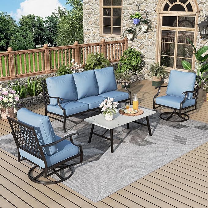 Patio Furniture Set 4 pcs, Metal Outdoor Patio Furniture, 3-Seat Sofa, 2 Swivel Chairs, Coffee Table and 5.75" Extra Thick Cushion, Patio Conversation Set for Garden Backyard Deck,Blue