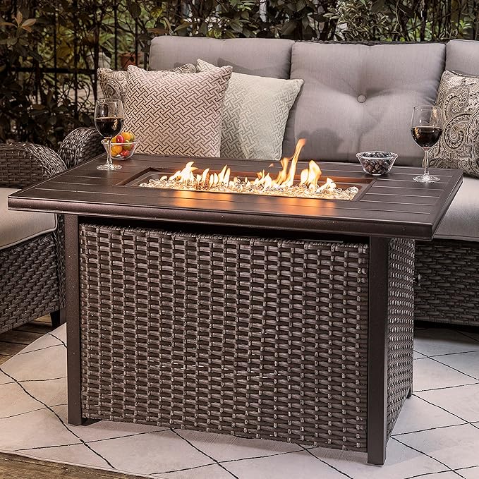 Nuu Garden 43 Inch Propane Fire Pit Table, CSA Certified 50,000 BTU Outdoor Patio Propane Fire Pit Table with 7 lbs Glass Stone and Removable Lid, Aluminum Tabletop, Water-Proof Oxford Cover, Brown