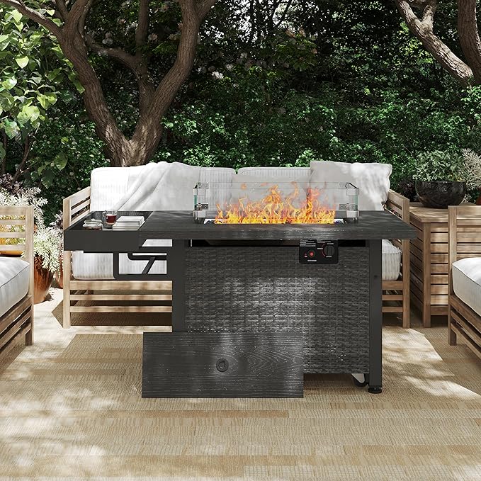 52 Inch Wicker Outdoor Fire Table, 50,000BTU Propane Fire Pit Table with Windshield, Side Basket, Rain Cover, CSA Certified, Patio Fire Pit for Garden, Backyard, Balcony, Poolside, Grey