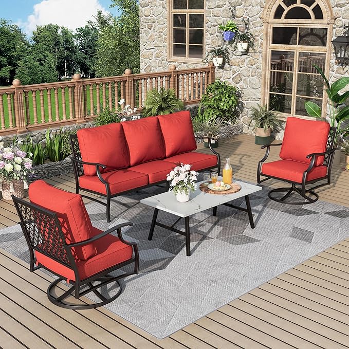 Patio Furniture Set 4 pcs, Metal Outdoor Patio Furniture, 3-Seat Sofa, 2 Swivel Chairs, Coffee Table and 5.75" Extra Thick Cushion, Patio Conversation Set for Backyard Deck, Red-Orange
