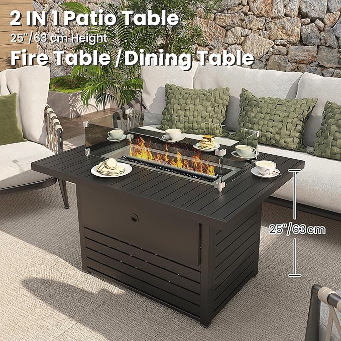 Rectangle Propane Fire Pit Table: 43'' Patio Gas Fire Table 50000 BTU - Rustproof Aluminum Tabletop Firepit Wind Guard Glass Beads - Outdoor Heating for Dining Party Garden Deck - Dark Gray