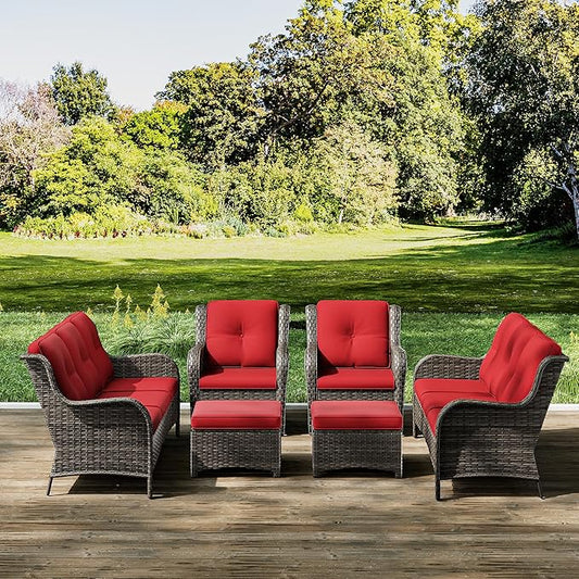 Joyside Patio Furniture Set 6 Pieces - Outdoor Rattan Furniture Set with 2 Armchairs, 2 Couch and 2 Ottomans, Olefin Cushions Included(Mixed Grey/Red)