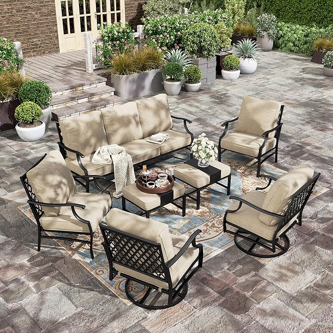 HERA'S HOUSE 7 Piece Patio Furniture Set, 2 x Swivel Chair, 2 x Fixed Chair, 2 x Ottoman, 1 x 3-Seat Sofa, All Cushioned Outdoor Conversation Set for Lawn Garden Backyard