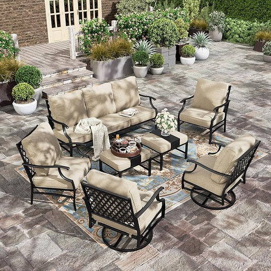 HERA'S HOUSE 7 Piece Patio Furniture Set, 2 x Swivel Chair, 2 x Fixed Chair, 2 x Ottoman, 1 x 3-Seat Sofa, All Cushioned Outdoor Conversation Set for Lawn Garden Backyard