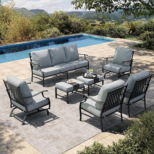 HERA'S HOUSE 7 Piece Patio Furniture Set, 2 x Rocking Chair, 2 x Fixed Chair, 2 x Ottoman, 1 x 3-Seat Sofa, All Cushioned 9 Seats Outdoor Conversation Set for Lawn Garden Backyard, Grey