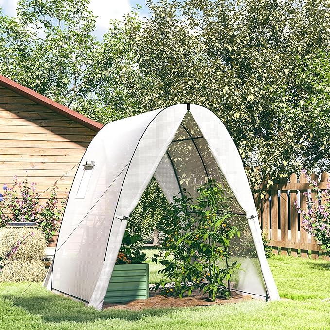 Outsunny 6' x 6' x 6.6' Hoop House Greenhouse with Sandbags and Hemmed PE Cover, Walk-in Tunnel Green House with 2 Doors and Screen Windows, Portable Greenhouse Gardening Plant Hot House, White
