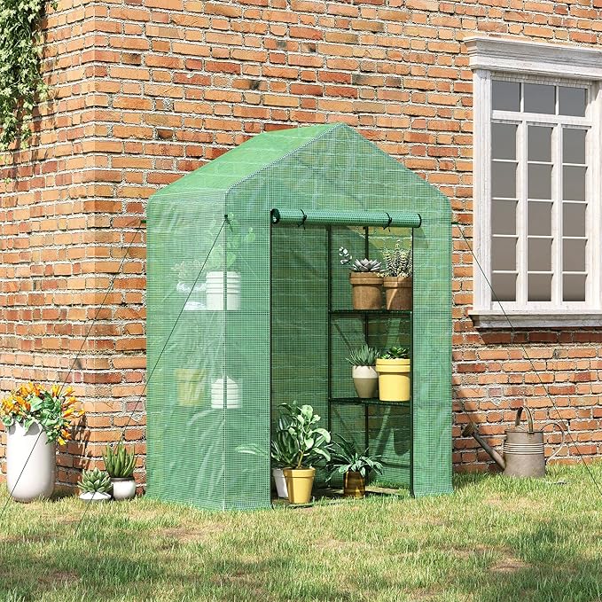Outsunny 5' x 2.5' x 6.5' Mini Walk-in Greenhouse Kit, Portable Green House with 3 Tier Shelves, Roll-Up Door, and Weatherized PE Cover for Backyard Garden, Green