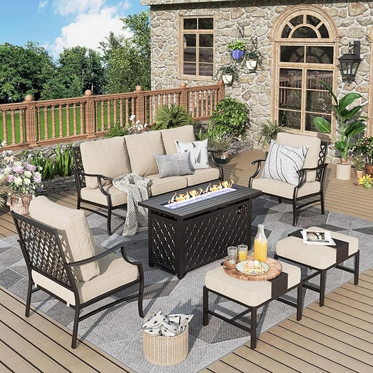 Patio Furniture Set, 6 Pcs Metal Outdoor Conversation Set, 2 Single Chairs, 2 Ottomans and 3 Seater Sofa with 5.75" Extra Thick Cushion and Gas Fire Pit Table, Beige