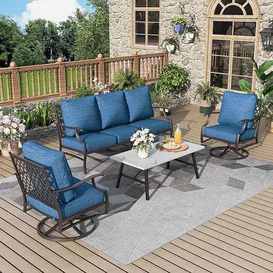 Patio Furniture Set 4 pcs, Metal Outdoor Patio Furniture, 3-Seat Sofa, 2 Swivel Chairs, Coffee Table and 5.75" Extra Thick Cushion, Conversation Set for Backyard Deck, Gemstone Blue