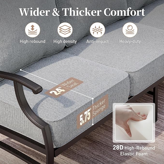 7 Piece Metal Outdoor Patio Furniture Set, Patio Conversation Sets 1 3-seater Sofa, 2 Fixed Chairs, 2 Swivel Chairs, 2 Ottomans with 5.75" Thick Cushion, Black Backyard Furniture, Gray