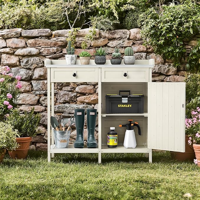 Outdoor Potting Bench with Storage Cabinet & Metal Tabletop, Garden Work Table, Wood Planting Workstation for Patio, w/Drawer