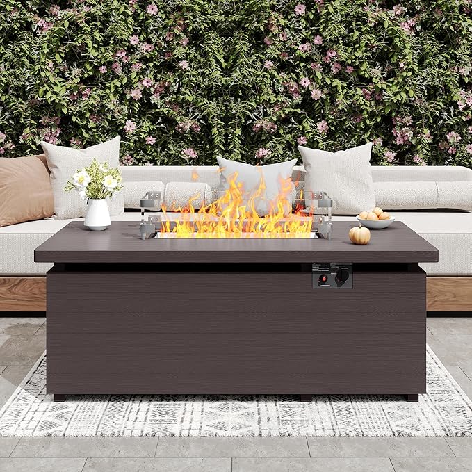 Sundale 50 Inch Outdoor Fire Pit Table, 50,000BTU Rectangle Propane Fire Pit with Glass Wind Guard, Rain Cover, Removable Lid, CSA Certified, Brown