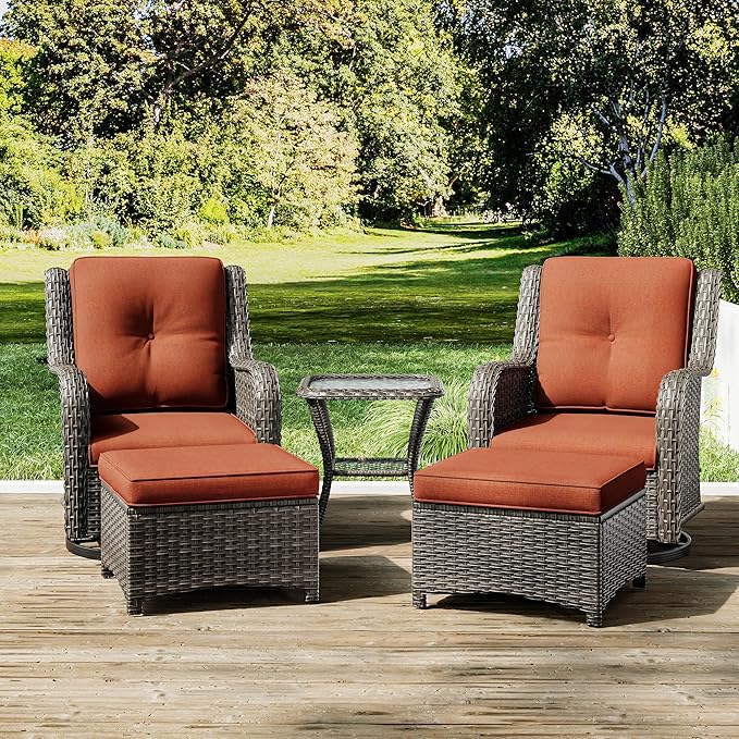 Joyside 5 Piece Outdoor Patio Furniture Set Wicker Conversation Bistro Set Swivel Rocking Chairs with Side Table and Ottomans for Backyard, Porch, Deck(Mixed Grey/Orange)