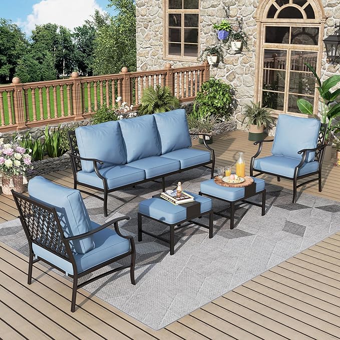 Patio Furniture Set 5 pcs, Outdoor Patio Furniture, 3-Seat Sofa, 2 Single Chairs, 2 Ottomans and 5.75" Extra Thick Cushion, Patio Conversation Set for Garden Backyard Deck,Blue