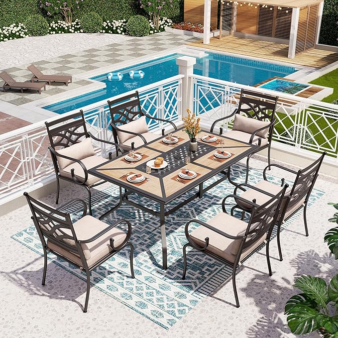 PHI VILLA Patio Dining Set for 6, 7 PCS Outdoor Dining Sets - 1 Rectangle 37"x60" Dining Table (1.57in Umbrella Hole) & 6 Patio Dining Chairs,Metal Patio Furniture