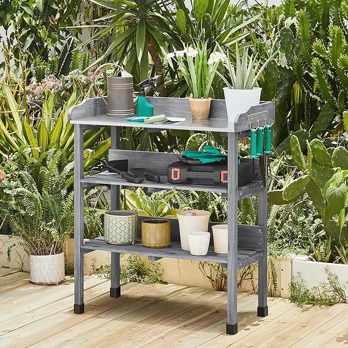 Yaheetech Garden Potting Table Horticulture Potting Bench w/Storage Shelf W/Metal Tabletop w/Hook 3 Shelves Workstation Work Benches Station, Gray